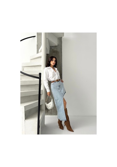 Kene Jeans Kadın Yan Asimetrik Kesim Kot Etek Mavi