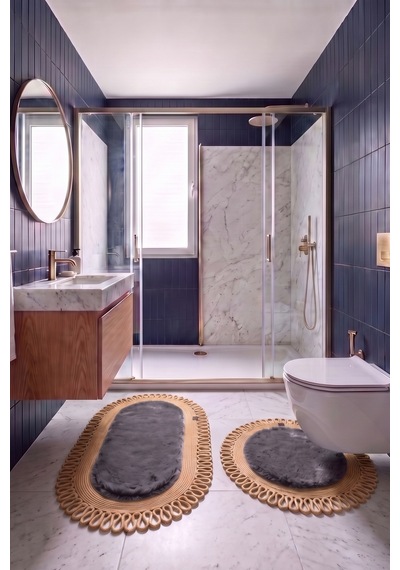 Banyo Paspası Takımı 60x100+60x60 Cm Dış Trikot Antrasit Gri & Camel