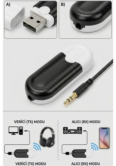 Thentech Kablosuz Usb Bluetooth 5.0 Alıcı Verici Adaptör Aux Çevirici Dongle Ses Aktarım Aparatı