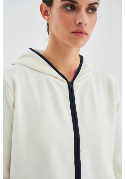 Peraluna Nara Long Cardigan %100 Pamuk Kapüşonlu Kadın Triko Hırka Ekru/lacivert-ekru/lacivert Ekru - Lacivert