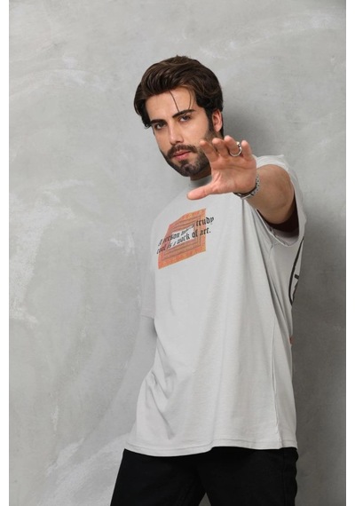 Erkek Baskılı T-shirt Kısa Kol Bisiklet Yaka Regular Fit Rahat Kalıp Tişört - Gri