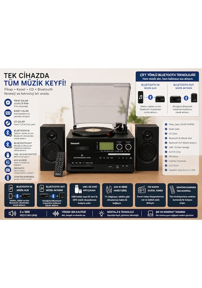Dosound Tr-18 Ahşap Hoparlörlü Pikap Çalar Kaset Cd Bluetooth Usb Sd Müzik Sistemi 1 Adet