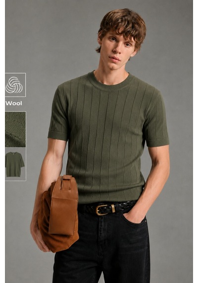 Cool Tarz Erkek Çizgili Triko Tişört Bisiklet Yaka Slim Fit Kısa Kollu Haki Haki