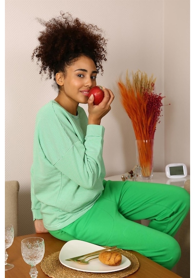 Akbeniz Kadın Uzun Kol 3 İplik Penye Pijama Takım 4191 - L Yeşil