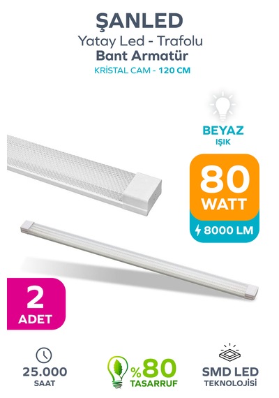 80wat 120 Cm Kristal Yatay Led Bant Armatür-trafolu Beyaz Işık -2 Adet