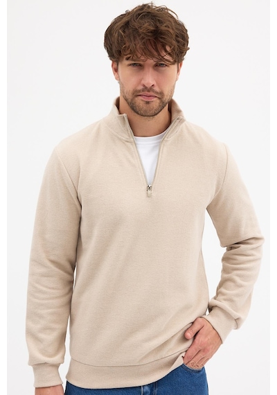 Mmetalic Erkek Bej Standart Fit Normal Kesim Pamuklu Yarım Fermuarlı Dik Yaka Pamuklu Sweatshirt Bej
