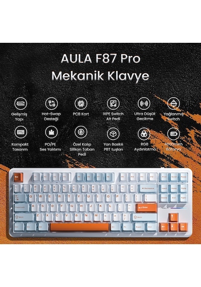 Aula F87 Pro Mekanik Rgb Tkl Nimbus V3 Switch Kablosuz Makrolu Hot Swap Klavye Turuncu