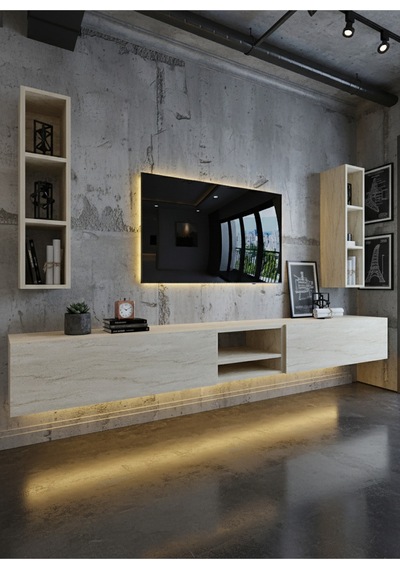 Resital Ledli Duvara Monte Tv Sehpası - Traverten - W6002-8 Traverten