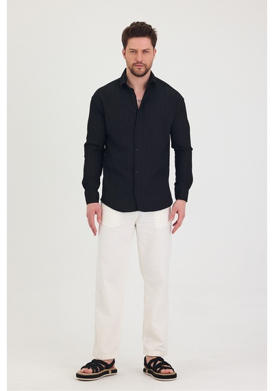 Tarz Cool Erkek Kendinden Çizgi Detaylı Slim Fit Dar Kalıp Uzun Kol Gömlek Siyah