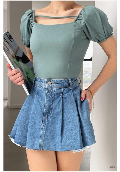 DefyModa Kadın El Emeği Krep Kumaş Kare Yaka Askılı Bluz Mint