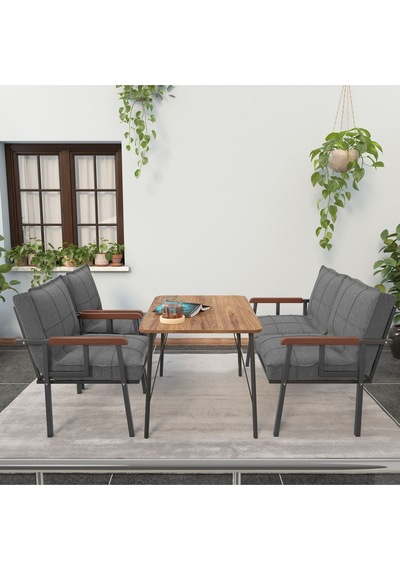 Mygusi Modern Balkon, Bahçe, Cafe - Metal Kanepe Koltuk Takımı - 2+1+1 Masa Koyugri Koyu Gri