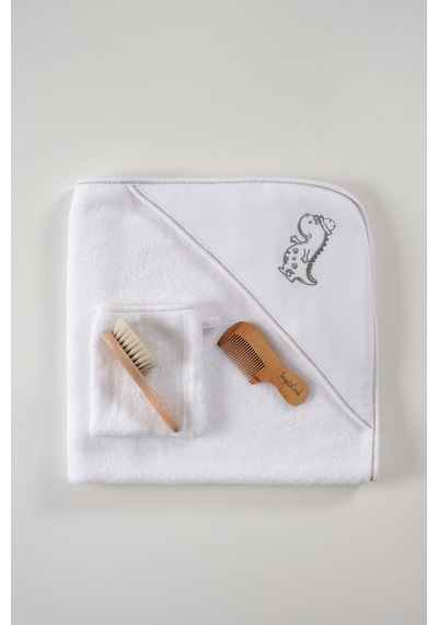 Bebek Banyo Seti Premium - Dino Pure Dream Bornoz - Kundak Havlu - Banyo Kesesi - Fırça - Tarak Seti Diğer