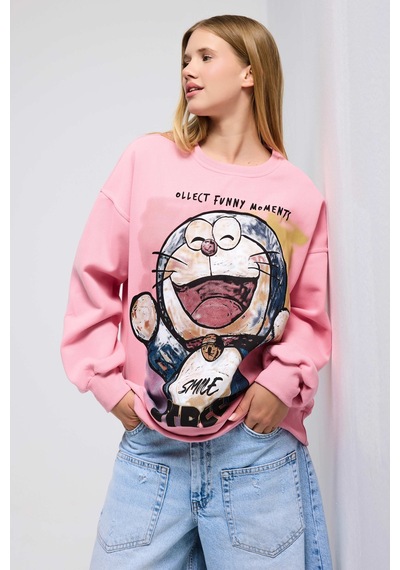 Itsbasic Kadın Pembe W5 Oversize Baskılı %100 Koton Organik Kumaş Sweatshirt