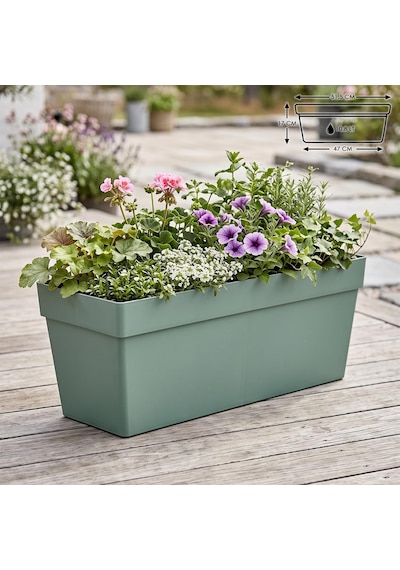 Yalı Balkon Saksı Drenajlı Izgaralı Plastik Bahçe Veranda Saksısı 1 Adet, Yeşil, 10.8 Litre