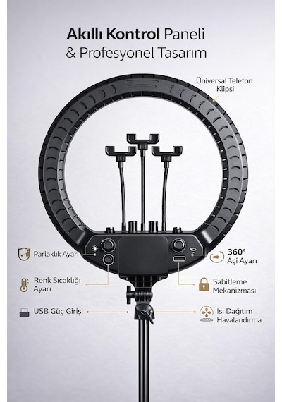 Ayrex 21 İnç 54 Cm Profesyonel Ring Light 210 Cm Ayarlanabilir Tripodlu, 3'lü Telefon Tutuculu, 3 Işık Modlu,