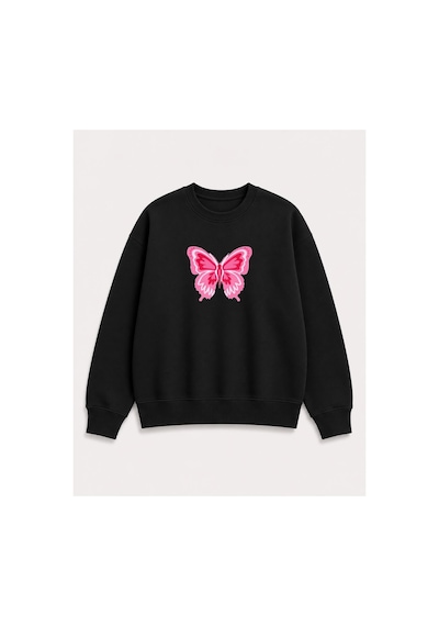 Herkesemoda Kelebek Baskı Detaylı Şardonlu 2 İplik Bisiklet Yaka Sweatshirt Siyah