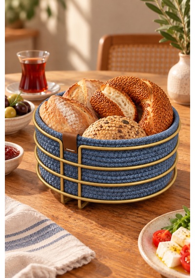 Mat Gold Yuvarlak Ekmek Sepeti, Ekmeklik Sunum Sepeti, Turkuaz Makrome Çok Amaçlı Paslanmaz Metal Çok Renkli