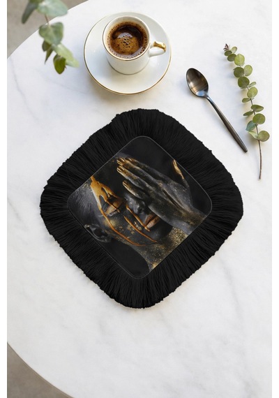 Lüks Modern Sanat Saçaklı Sunum Peçetesi - Sanatsal Portre Bohem Siyah Bardak Altlığı Mendil Soft Orman Mint