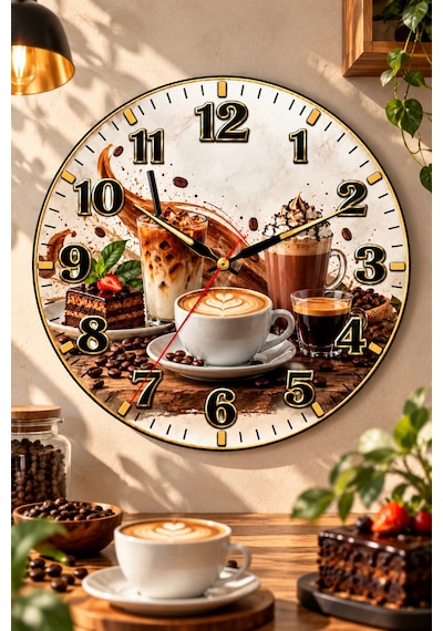 Kahve Cafe Temalı Duvar Saati 45 Cm Kahve Dükkanı Kafe Mutfak Uv Baskı Sessiz Akar Mekanizma 920 Çok Renkli