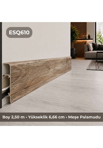 Esquero Kablo Kanallı PVC Süpürgelik 250 cm, Açılabilir Kapaklı, Meşe Palamudu, ESQ610