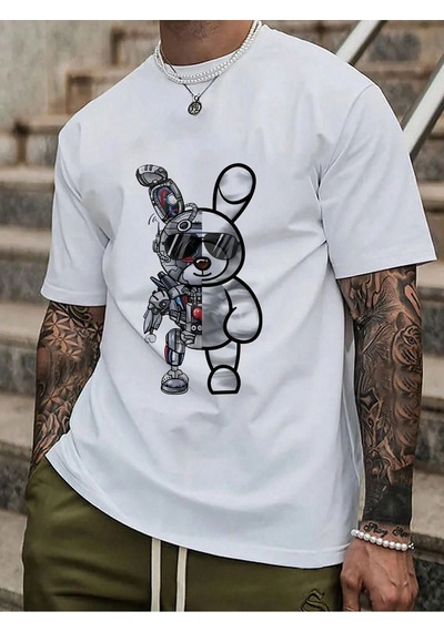 Robotic Rabbit Süprem T-shirt - Beyaz Baskılı Oversize Bisiklet Yaka Tişört Beyaz-75820 Robotic Rabbit Süprem T-shirt - Beyaz Baskılı Oversize Bisiklet Yaka Tişört Beyaz-75820
