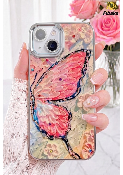 Fibaks iPhone 15 Uyumlu Kılıf Renk Geçişli Taşlı Kamera Lens Korumalı Simli Pembe Kelebek Desenli Darbe Emici