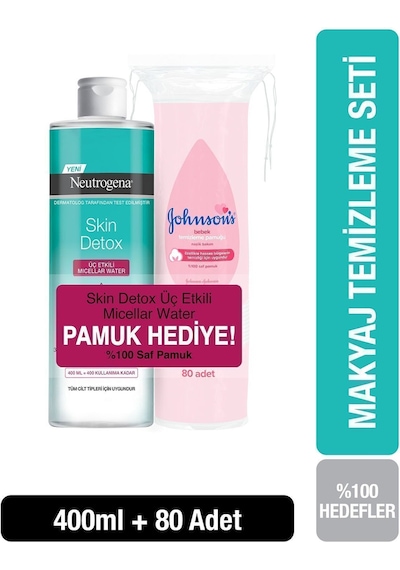 Neutrogena Skin Detox Üç Etkili Micellar Makyaj Temizleme Suyu 400 ML + Johnson's Baby Temizleme Pamuğu 80 Adet