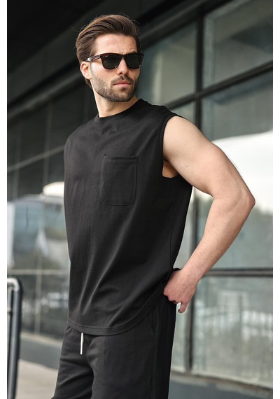 Madmext Siyah Bisiklet Yaka Kolsuz Erkek Şort T-shirt Takım E7351 Siyah