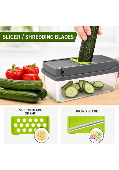 13 Parça Sebze Doğrayıcı, Ultra Keskin Paslanmaz Çelik Bıçaklar, Geniş Hazneli, Salata Yapıcı, Düz, Küp Spir Diğer