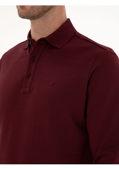 Bordo Regular Fit %100 Pamuk 3 İplik Polo Yaka Sweatshirt Kırmızı