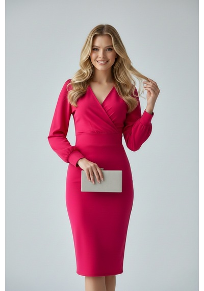 Defymoda Kadın Klasik Kesim Manşetli Elbise Pembe