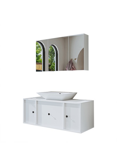 Çanak Lavabolu Mat Mdf 120 Cm Banyo Dolabı + Aynalı Dolabı Beyaz Mat Beyaz