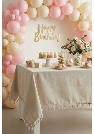 Keten Püsküllü Organizasyon Keten Masa Örtüsü Baby Shower, Doğum Günü, Nişan İçin Bohem Vintage Örtü Bej Keten Püsküllü Organizasyon Keten Masa Örtüsü Baby Shower, Doğum Günü, Nişan İçin Bohem Vintage Örtü Bej