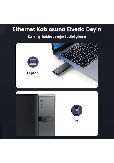 Ugreen AC1300 USB 3.0 1300Mbps 2.4/5Ghz Wi-Fi Kablosuz Alıcı Ağ Adaptörü