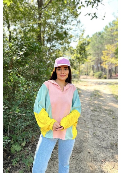 Kadın Pembe Polo Yaka, Yarasa Kol, Lastikli Manşet, Asimetrik Color Block, Salaş Sweatshirt Bluz Pembe
