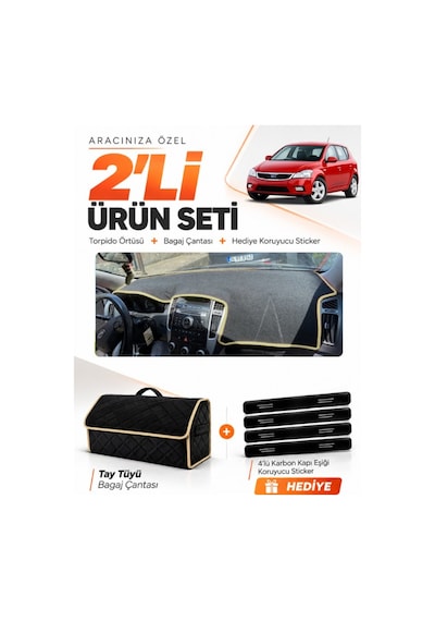 Kia Ceed 2006-2012 Uyumlu Torpido Örtüsü + Tay Tüyü Bagaj Çantası + Sticker Seti - Siyah Bej