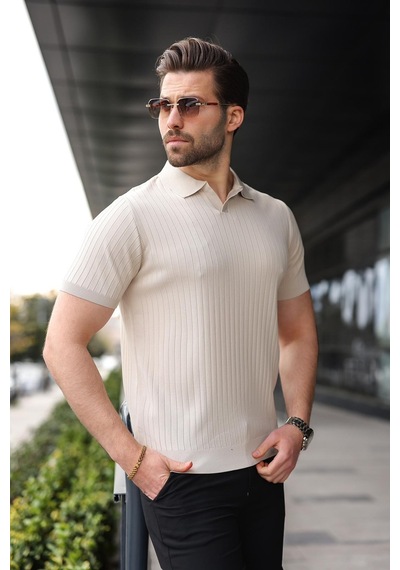 Madmext Taş Rengi Polo Yaka Triko Erkek Tişört E7461 Taş