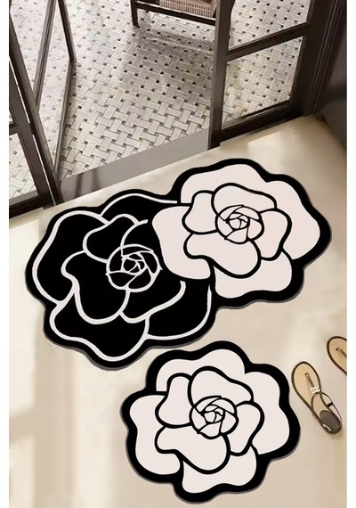 Bungari Rose 60x100 50x60 Kaydırmaz Tabanlı 2'li Banyo Paspas Seti Takımı Siyah