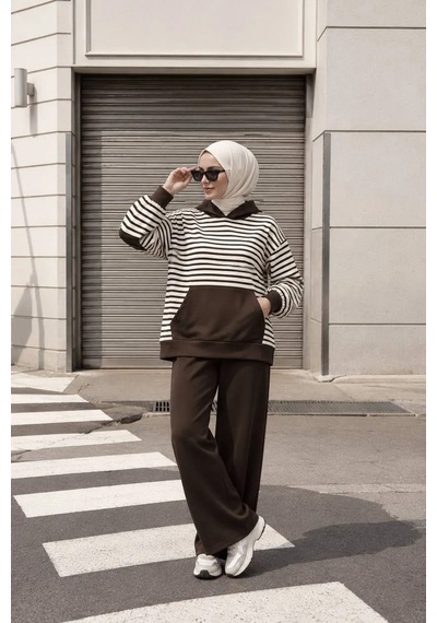 Trend Paris Kanguru Cepli Çizgili Soft Dokulu Spor Takım Kahverengi 36