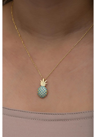 Nereze 925 Ayar Gümüş Gold Kaplama Turkuaz Taşlı Ananas Kolye