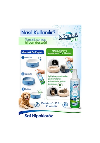 Resteril Parfümsüz Kedi Kumu Tuvaleti Koku  Evcil Hayvan Hijyen Spreyi 200 ML