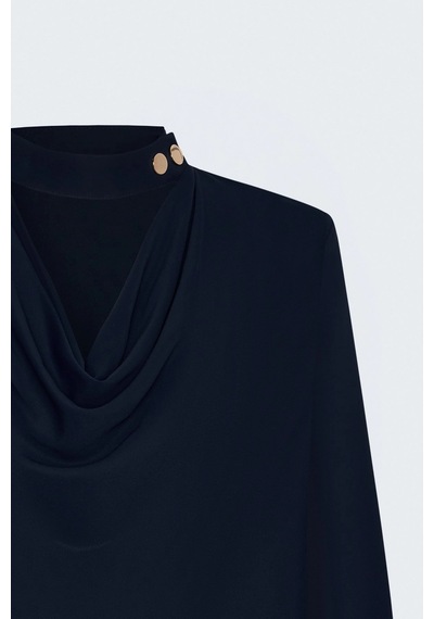 Sateen Degaje Yaka Uzun Kollu Bluz Lacivert