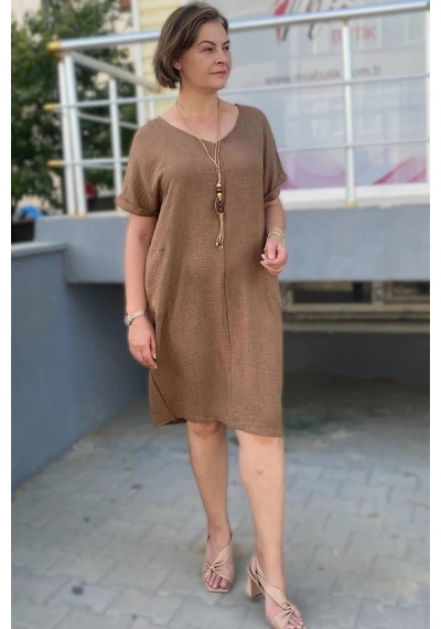 Mia Butik Büyük Beden Kahve Kolye Hediyeli Salaş Elbise Kahve