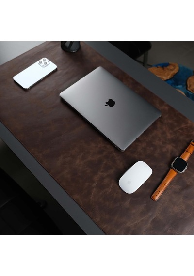 Jersey Lüks Deri Masa Pedi - Hakiki Dana Derisi Kaymaz Masa Matı 91x48cm & 37x80cm Büyük Mouse Pad Gaming Ofis Ev Masaüstü Koruyucu Antik Kahve, 91x48cm