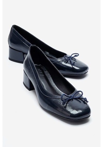 Luvi Shoes Gıpsy Lacivert Kırışık Rugan Fiyonklu Kadın Kısa Topuklu Ayakkabı
