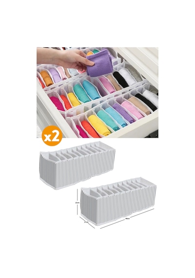 2 Adet - 11 Gözlü Çekmece Içi Akordiyon Organizer - Medium 15 X 44 X 17 Kumaş Gri Diğer