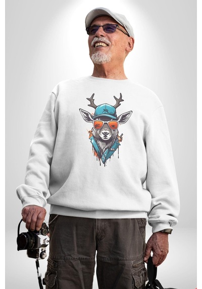 Güneş Gözlüğü Savaşcı Geyik Unisex Beyaz Baskılı Sweatshirt Beyaz
