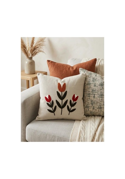 Punch Nakış Kırlent Kılıfı 2'li 40 Cm X 40 Cm Açık Kahverengi - Gri
