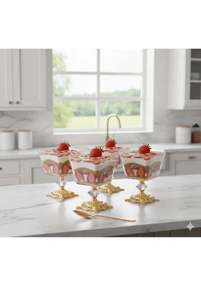 Çnr Home Collection Kare 6 Parça Döküm Ayakli Sunum Seti Magnolia Dondurmalik Cup Çerezlik Gold