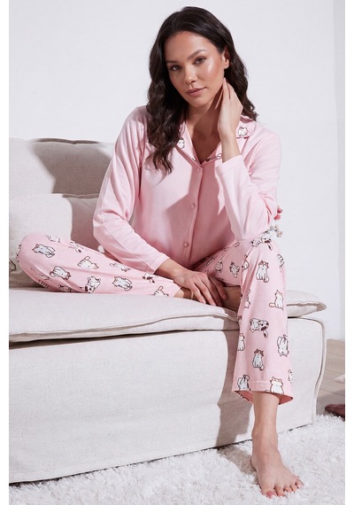 Lela Desenli Regular Fit Apaş Yaka Beli Lastikli Bol Paça Bayan Pijama Takımı 65714300 Açık Pembe Lela Desenli Regular Fit Apaş Yaka Beli Lastikli Bol Paça Bayan Pijama Takımı 65714300 Açık Pembe